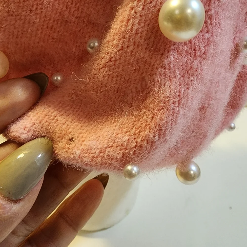 Pink Wool Beret with Pearl Embellishments